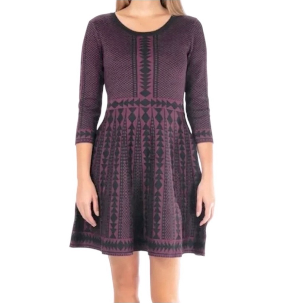 NWT Nina Leonard Black and Burgundy Patterned Dress